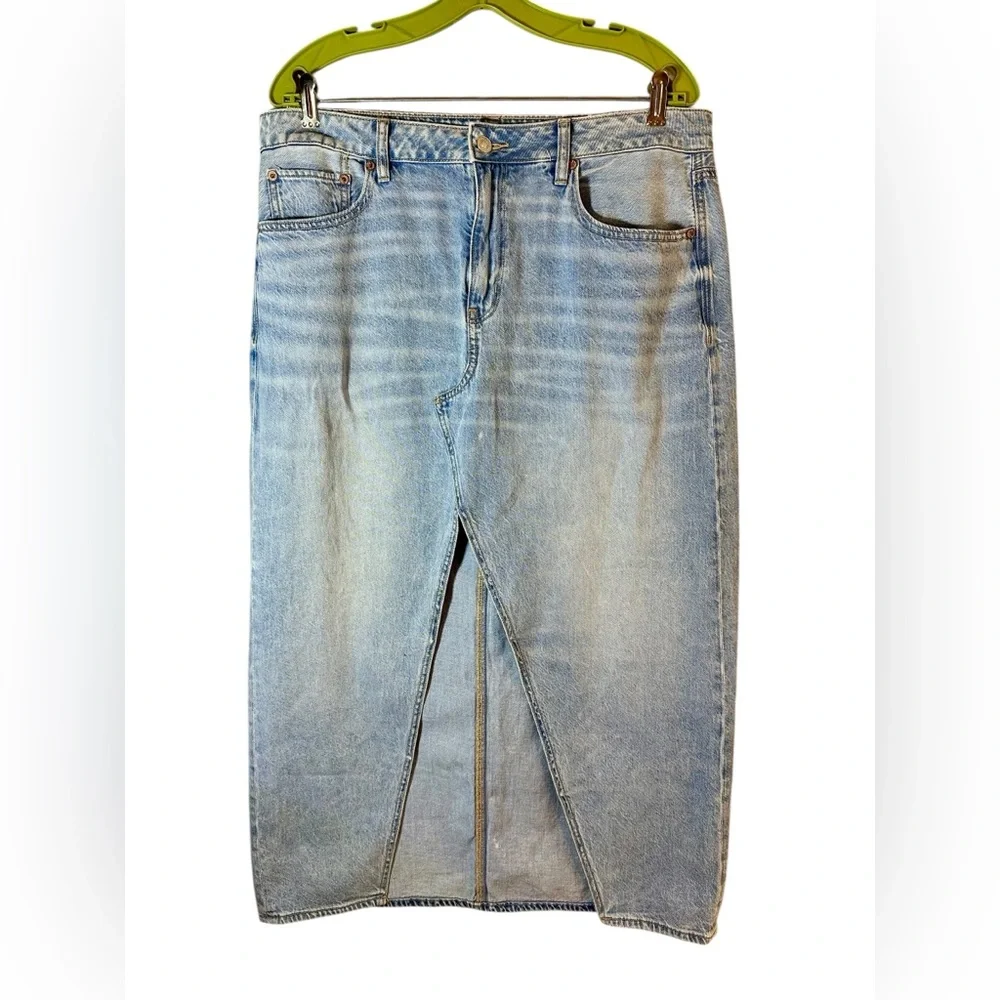 American Eagle AE Dreamy Drape Low Rise Denim Maxi Skirt Front Slit Womens 12